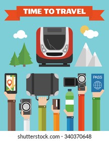Time to Travel modern concept design Flat background with hand .Vector illustration