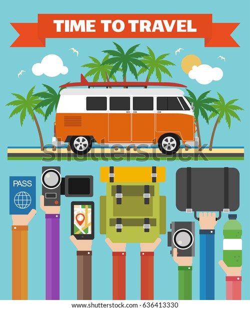 Time to Travel modern design flat with\
minibus,summer holiday.Vector\
illustration