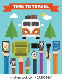 Time to Travel modern Flat background with hand .Vector illustration