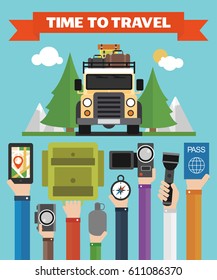 Time to Travel modern Flat background with jeep .Vector illustration