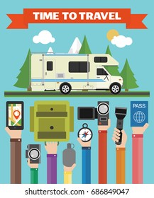 Time to Travel modern flat design with with camper,trailer,summer holiday .Vector illustration