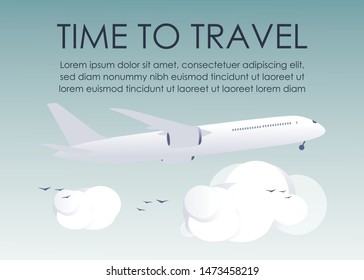 Time to Travel Motivation Vacation Poster. Cartoon Airplane Flying in Cloudy Sky. Title and Place for Advertising Text. Summer Holiday and Traveling Editable Promotion Material. Vector Illustration