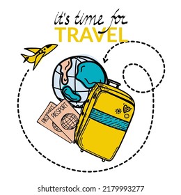 Time to Travel. Motivational header. Travel banner with cartoon suitcase, passports and luggage. Flying plane around the Earth. Vector illustration in flat design. Family Travel. 