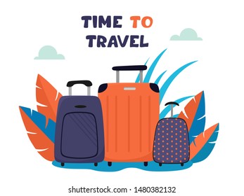  Time to Travel Motivational Title. Travel banner with cartoon suitcases and a flying paper airplane. Vector Illustration in Flat Design. Family trip. Lettering