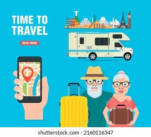 Time to travel, old couple in travel. Journey of grandparents concept design flat banner. Vector illustration