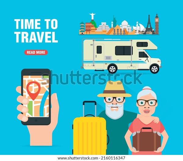 Time to travel,\
old couple in travel. Journey of grandparents concept design flat\
banner. Vector\
illustration