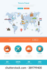 Time to travel one page traveling website template layout with header, banner, icons and other flat design web elements - world map with famous landmarks