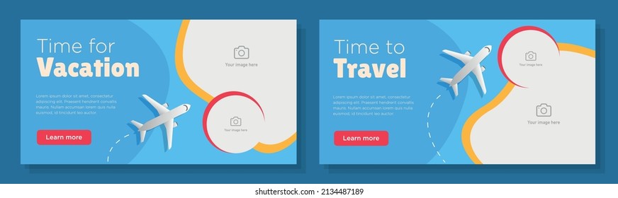 Time To Travel Online Banner Template Set, Sunny Summer Vacation Trip Advertisement, Horizontal Ad, Flying Airplane Campaign Webpage, Flyer, Creative Brochure, Isolated On Background.