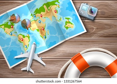 Time to travel, online tours poster with destination pointer pins on folded world map at table with airliner plane, sunglasses, action camera and lifebuoy. Summer vacation vector poster
