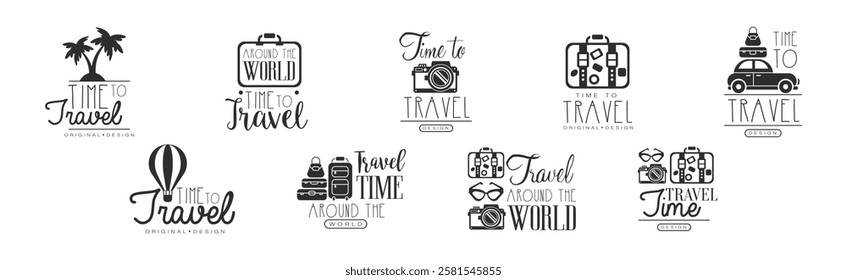 Time to Travel Original Design with Object Silhouette Vector Set