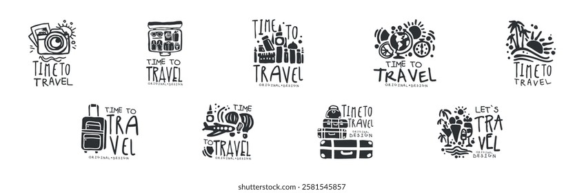 Time to Travel Original Design with Object Silhouette Vector Set