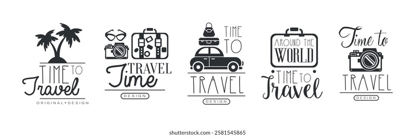 Time to Travel Original Design with Object Silhouette Vector Set