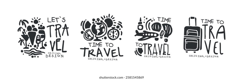 Time to Travel Original Design with Object Silhouette Vector Set