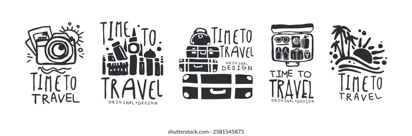 Time to Travel Original Design with Object Silhouette Vector Set