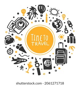 Time to Travel Original Design with Packed Suitcase and Palm Vector Circle Template