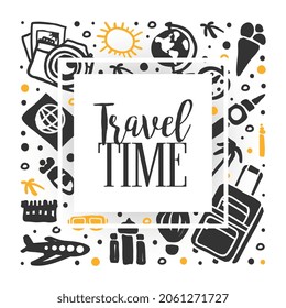 Time To Travel Original Design With Packed Suitcase And Airplane Vector Template