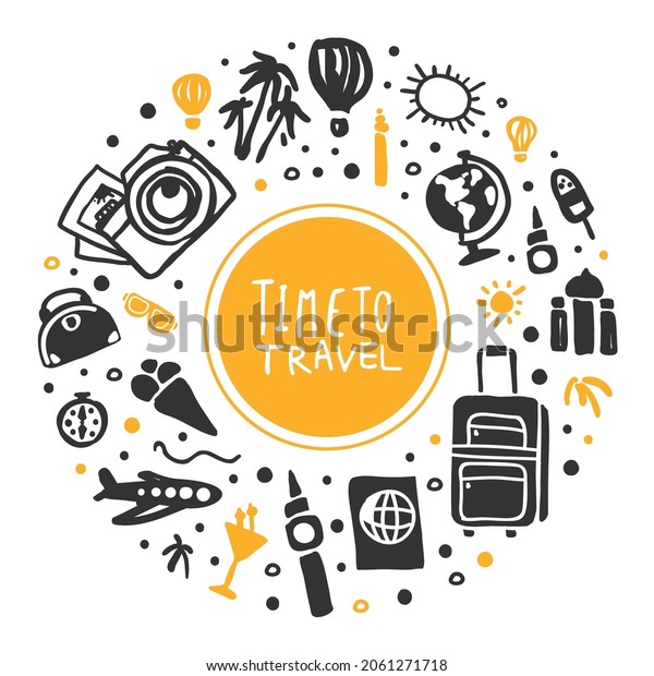 Time to Travel Original Design with\
Packed Suitcase and Palm Vector Circle\
Template