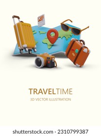 Time to travel. Pack your bags and go on vacation. Vertical color poster of travel agency. Commercial advertising for web design. 3D elements in cartoon style