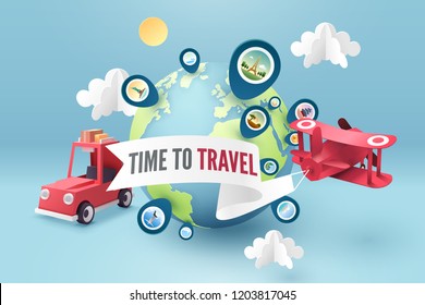 Time to travel, Paper art of red airplane fly around the world and pinned landmarks, vector art and illustration.