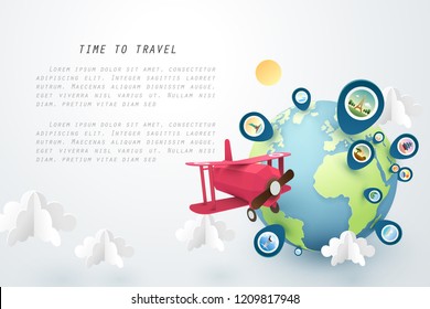 Time To Travel, Paper Art Of Red Airplane Fly Around The World And Pinned Landmarks, Vector Art And Illustration.