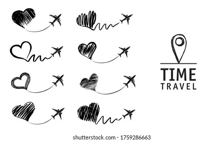 Time Travel. The plane drew a heart. Hand drawn illustrations.