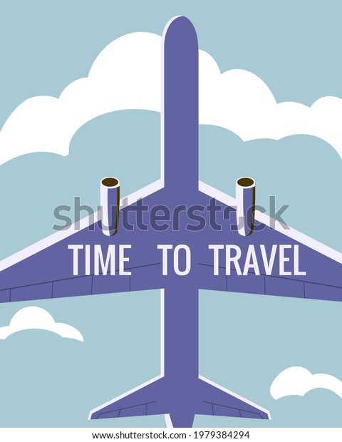 Time to Travel Plane\
in the sky. Vintage Summer Holiday poster, banner. Vector\
illustration flat style\
retro