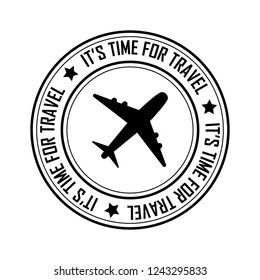 Time for travel postal stamp icon, black isolated on white background, vector illustration.