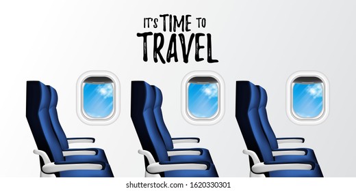 it's time to travel poster banner template. illustration of inside plane cabin with seat and porthole window with blue sky view. vacation tourist ads