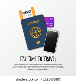 it's time to travel poster banner template. illustration of passport immigration identity, boarding pass airplane ticket, smatrphone, and credit card for payment. tourist vacation ads