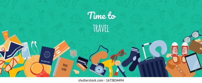 Time to travel poster concept. Packing for vacation. Ticket, passport, baggage, wallet, shoes, hat, sun cream. Top view vector illustration