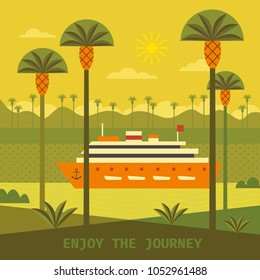 Time to travel poster. Flat line tourism trip symbol sign. Ocean liner in tropical bay. Vacation sailing trip sea vessel. Cruise journey tourist advertisement banner background. Vector illustration