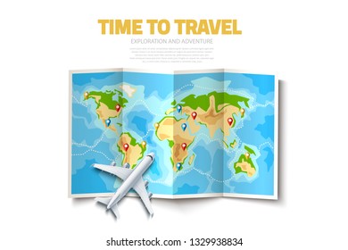 Time to travel poster. Folded world map with destination pointer pins and airplane. Global navigation map background with continents for travelling, tourism design. Vector summer holiday design.