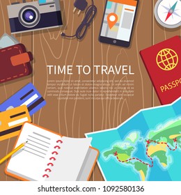 Time to travel poster set with headline and text sample, passport id, paper world map, book for ideas, camera device, compass vector illustration