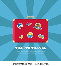 Time to travel, poster with stickers, journey label and suitcase with images of Fance flag, seaside and plane, vector illustration isolated on blue