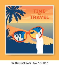 time travel poster with summer landscape and icons vector illustration design