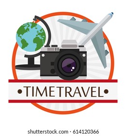 time travel poster vacation camera plane globe