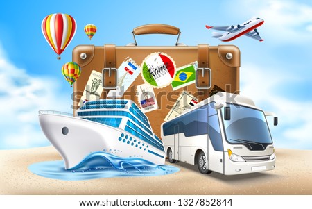 Time to travel poster. Vector best tours promotion, travelling and tourism banner with vintage travel bag suitcase on sand, cruise ship, tourist bus on sky background with air balloons, airplane.