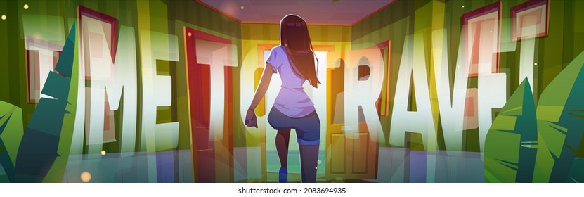 Time to travel poster with woman runs off from home. Vector banner of vacation and journey concept with cartoon illustration of hurry girl running to open door in house corridor