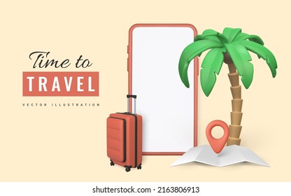 Time to travel promo banner design. Summer 3d realistic render vector objects. Tropical palm tree, mobile phone, travel trolley bag, pin location and map. Summer travel. Vector illustration.