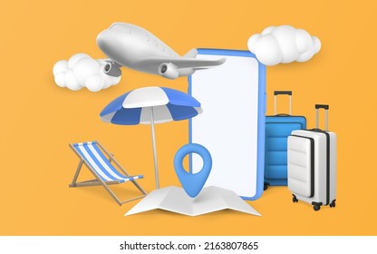 Time to travel promo banner design. Summer 3d realistic render vector objects. Mobile phone, travel trolley bag, sun umbrella, beach chair and plane. Summer travel. Vector illustration.