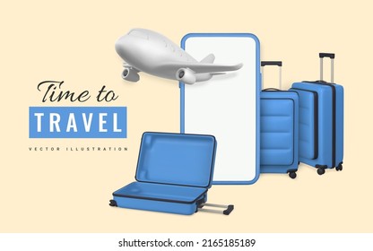 Time to travel promo banner design. Summer 3d realistic render vector objects. Mobile phone, travel trolley bag and plane. Summer travel. Vector illustration.