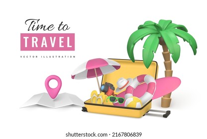 Time to travel promo banner design. Cartoon 3d open travel trolley bag, Tropical palm tree, sun umbrella, swim ring, beach chair, surf board, camera and slippers. Vector illustration.