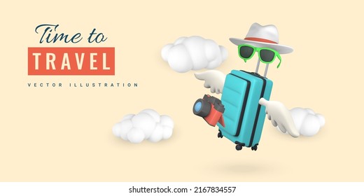 Time to travel promo banner design. 3d realistic render photo camera, sunglasses, hat, suitcase with wings fly in clouds. Vector illustration.