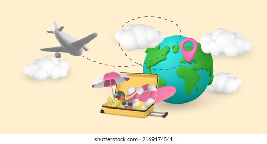 Time to travel promo banner design. Cartoon 3d open travel trolley bag with summer objects, plane, cloud and planet with pin map. Summertime object. Vector illustration.