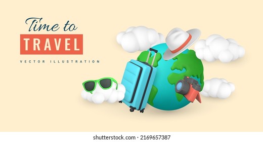 Time to travel promo banner design. Cartoon 3d planet, travel trolley bag, cloud, camera, sunglasses and hat. Summertime object. Vector illustration.