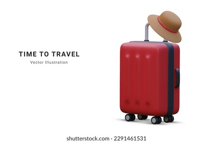 Time to travel promo banner design. Summer 3d realistic render vector objects. Travel trolley bag with summer  hat. Summer travel. Vector illustration.