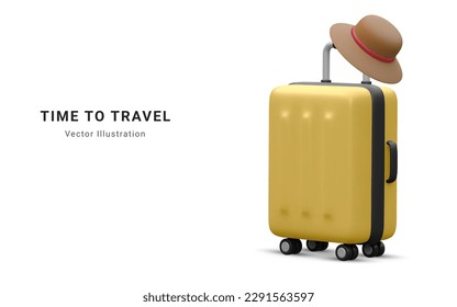 Time to travel promo banner design. Summer 3d realistic render vector objects. Travel trolley bag with summer  hat. Summer travel. Vector illustration.