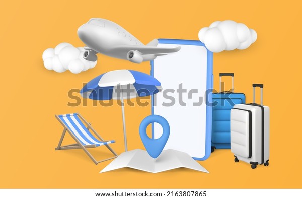 Time\
to travel promo banner design. Summer 3d realistic render vector\
objects. Mobile phone, travel trolley bag, sun umbrella, beach\
chair and plane. Summer travel. Vector\
illustration.