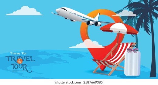 Time to Travel promo vector design. Travel tour text  with airplane and location pin elements for flight travelling. vector, illustration