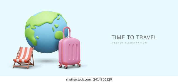 Time to travel. Realistic globe, suitcase on wheels, deck chair. Concept of comfortable tourism. Interesting vacation in another country. Advertising banner on blue background with place for text